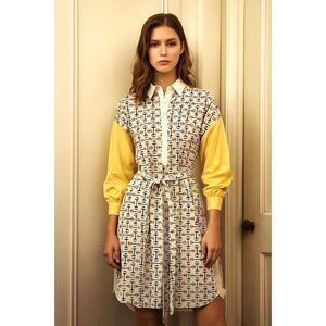 MAJE. Yellow White Pattern Waist Tie Midi Dress  Women's Size 34